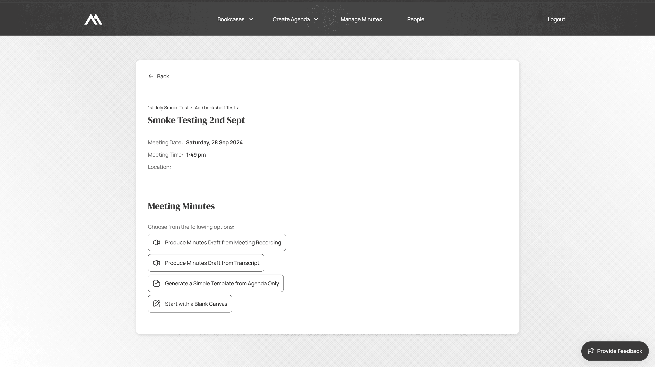 The Minute Master application, showing a meeting document in the review stage.