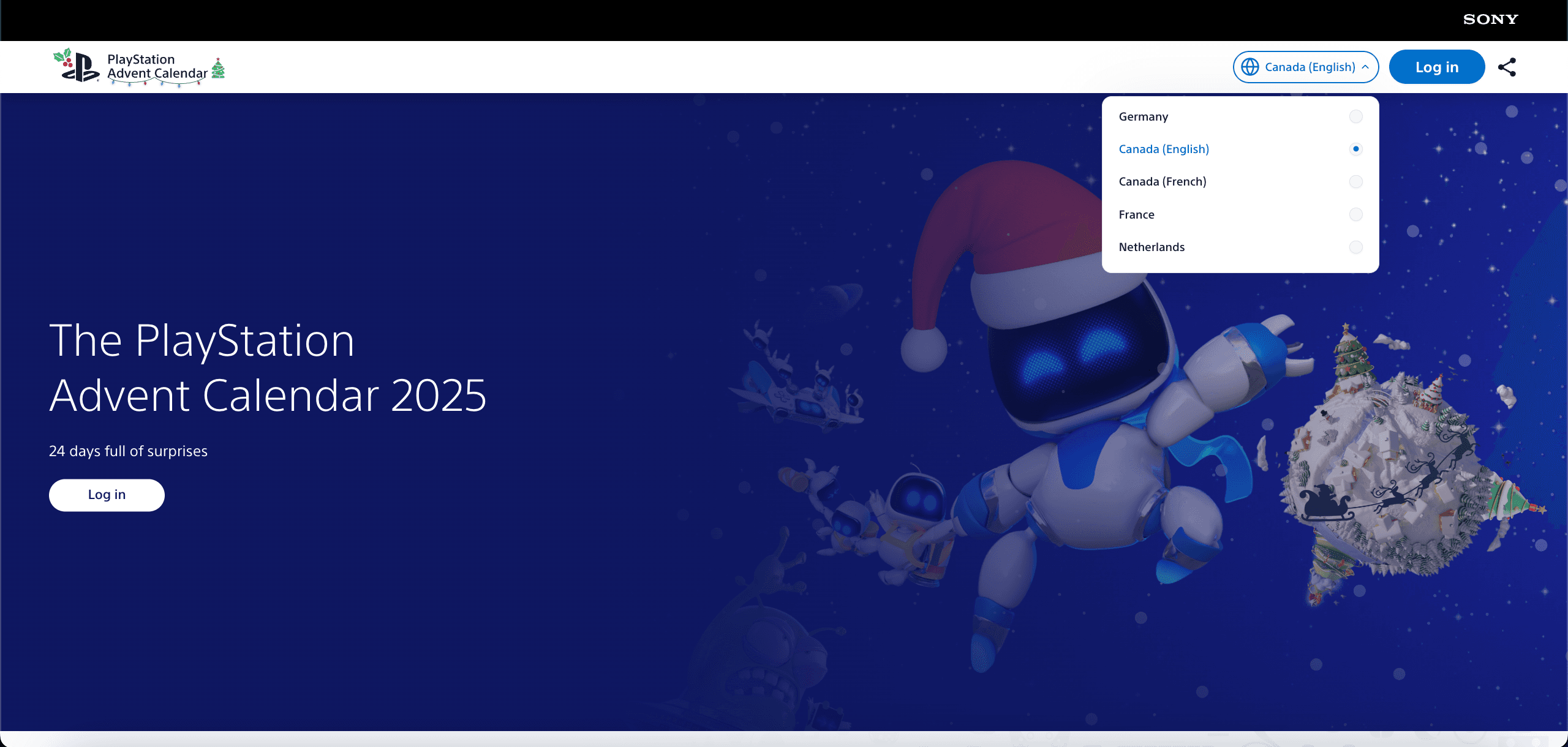 The campaign landing page, with the market selector open on Germany, Canada in English and French, France and the Netherlands.